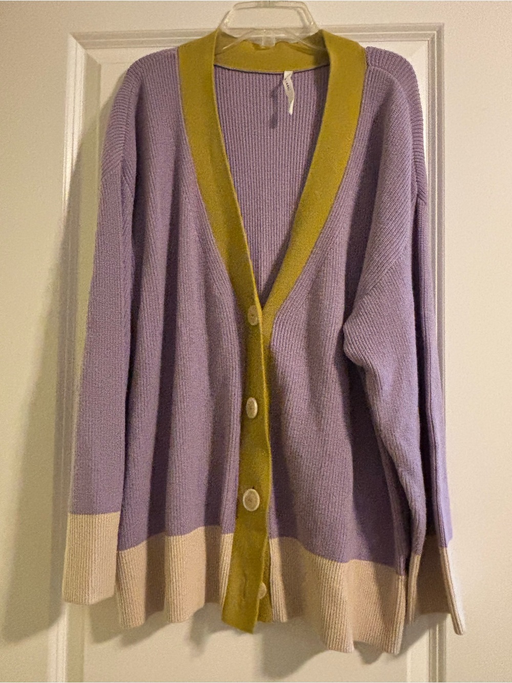 Lavender Colorblock Button Cardigan with Olive Trim